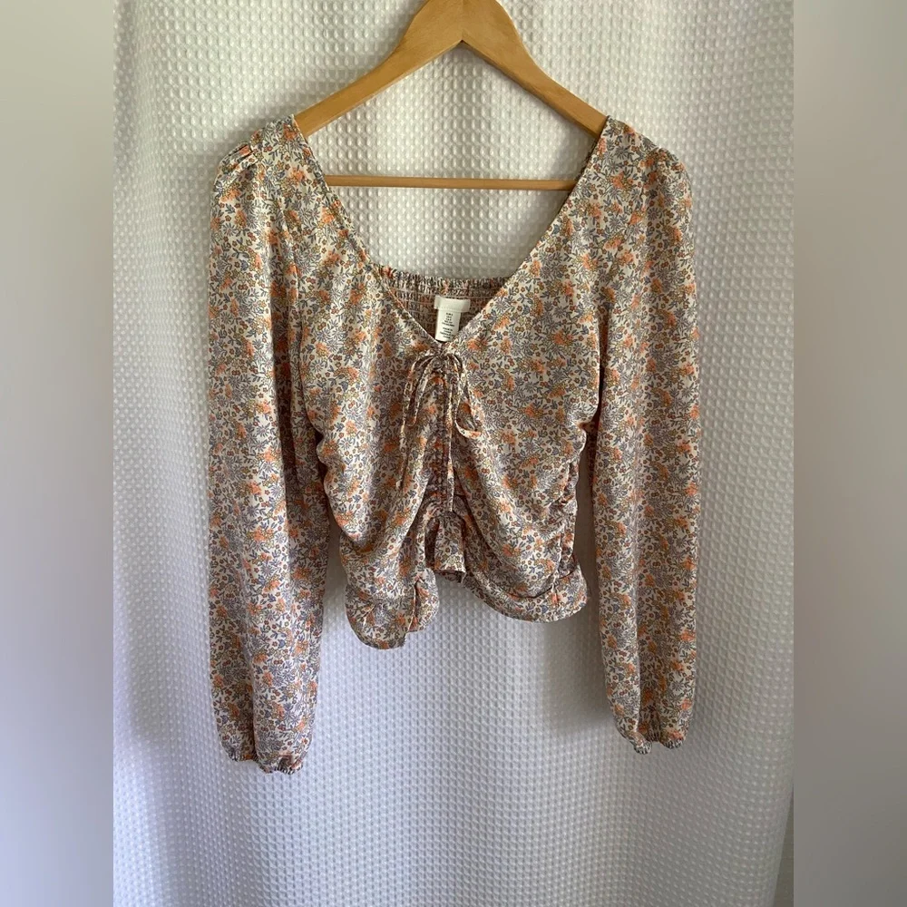 ‎ H&M Floral V-Neck Drawstring Blouse Stretch Back Ruched side small - Picture 8 of 9